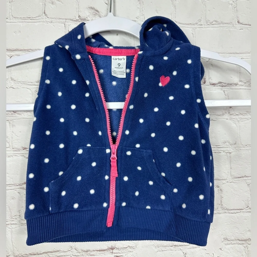Carter's Infant Girls Fleece Vest Full Zip Up blue pokla dot, sz 9 months GUC‎